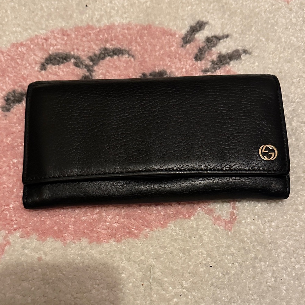 Gucci Long Interlocking Black Leather Wallet with Gold GG Hardware